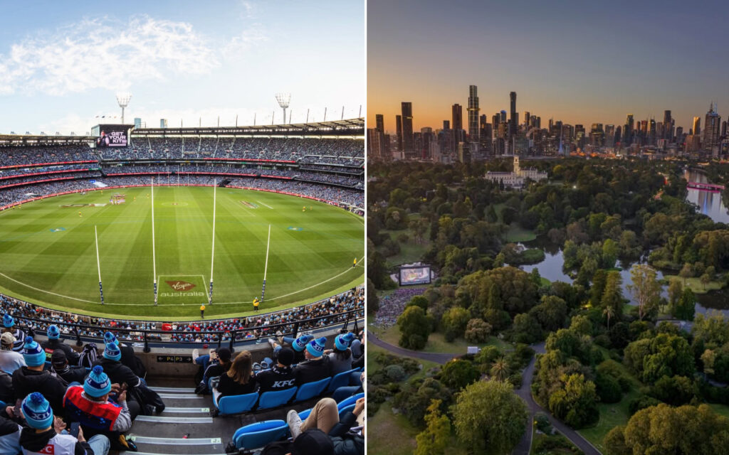 Split-view: left shows a packed cricket stadium with a blue-hatted crowd and green pitch; right shows a sunset city skyline over a river and lush parklands.