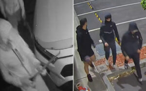 Split-view surveillance image: left panel shows a person near a car door, right panel shows three people in hoodies standing on a sidewalk near a parking area.