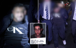 Nighttime scene of police detaining a man; an inset mugshot card with personal details is shown in the center.