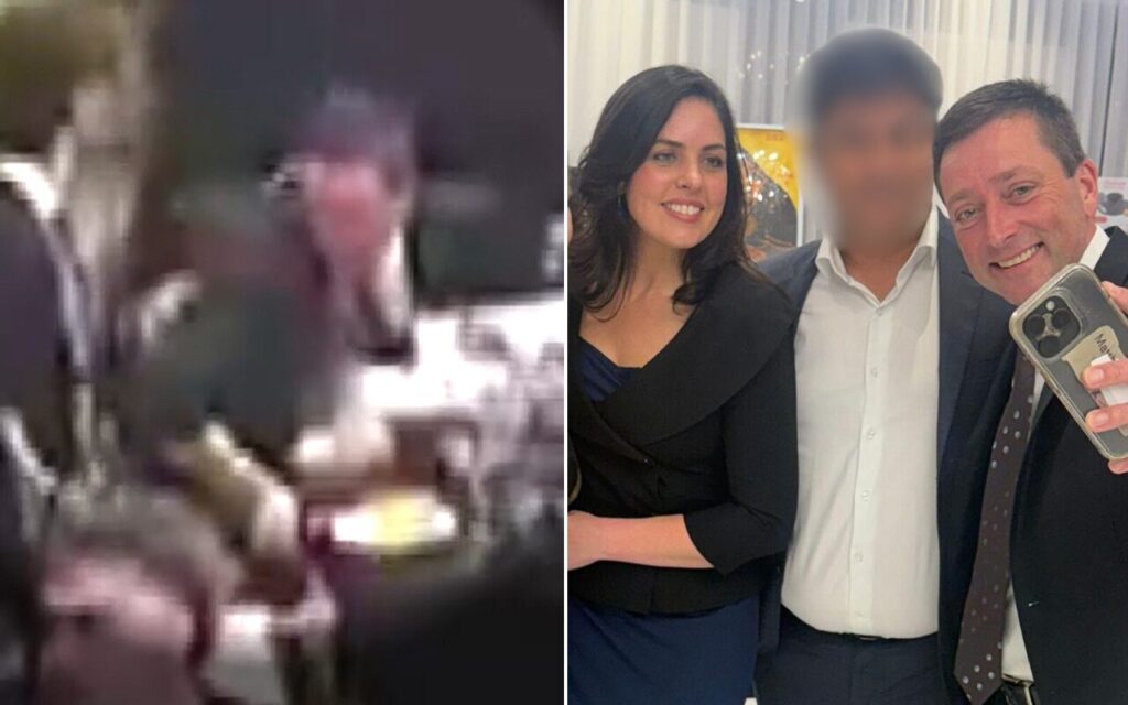 Left side shows low-resolution security footage of a person moving through a dim space; right side shows three adults in formal attire posing for a photo, with one person blurred for privacy.