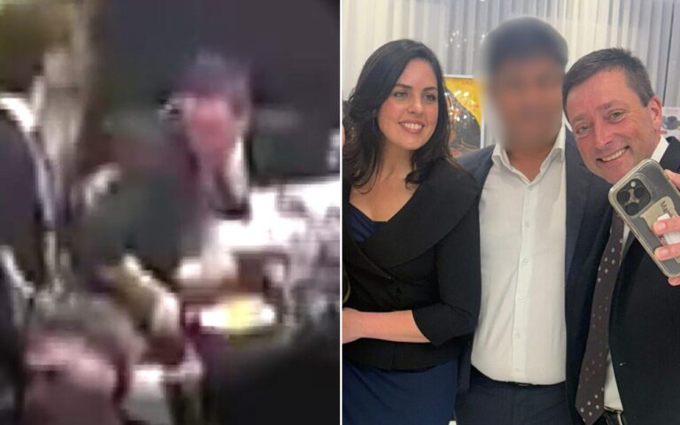Left side shows low-resolution security footage of a person moving through a dim space; right side shows three adults in formal attire posing for a photo, with one person blurred for privacy.