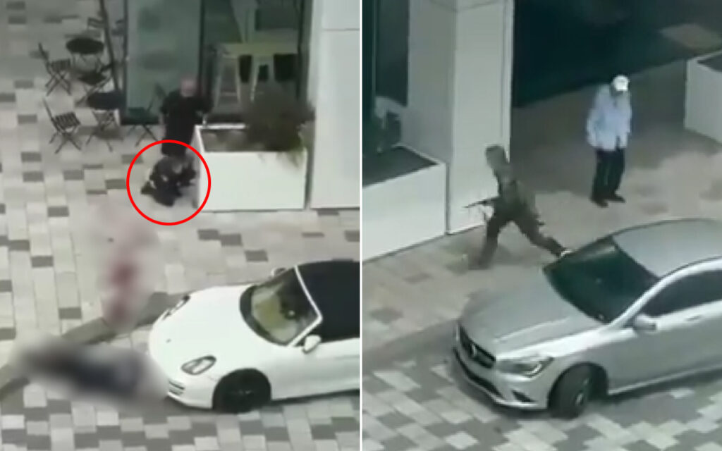 Surveillance frames: left panel shows a person crouching by a white car in a tiled courtyard, with a blurred figure on the ground nearby; right panel shows a masked person walking away past a building with a parked car nearby.