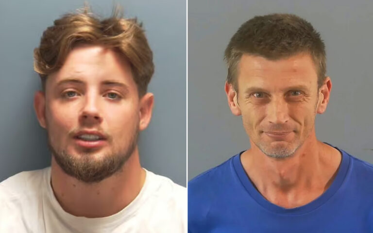 Pair of mugshots: left is a young man with light brown hair in a white shirt; right is a middle‑aged man with short dark hair in a blue shirt.