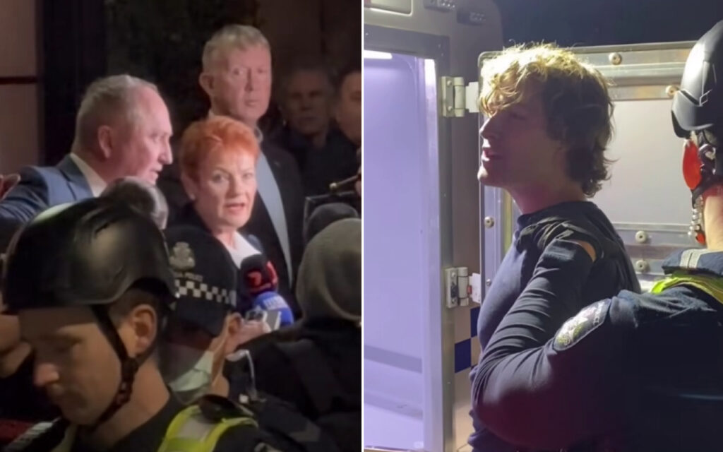 Split image: left shows reporters and officials at a tense scene amid a crowd; right shows a young man in a dark shirt being guided into a vehicle by security.