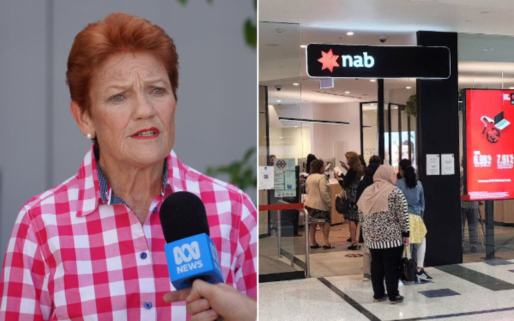 Two-panel scene: left shows a red-haired woman being interviewed outdoors with an ABC News microphone; right shows a NAB bank lobby with customers waiting in line inside a mall setting.