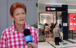 Two-panel scene: left shows a red-haired woman being interviewed outdoors with an ABC News microphone; right shows a NAB bank lobby with customers waiting in line inside a mall setting.