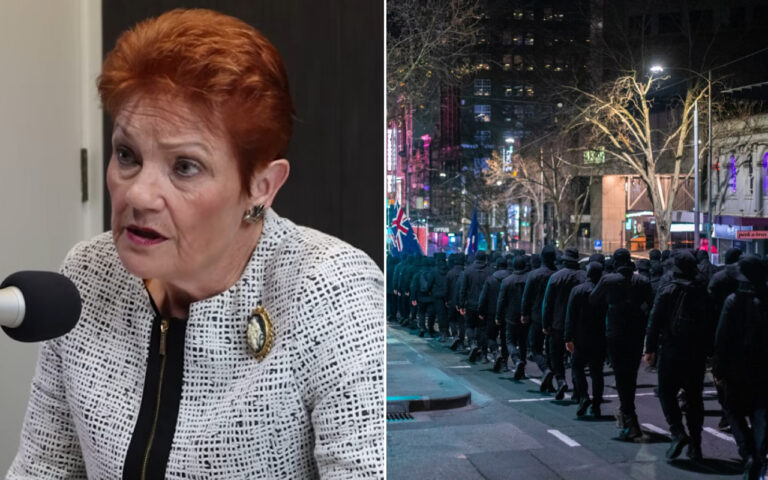 Left: woman speaks into a microphone during an interview; right: night-time protest with a line of people in dark coats marching down a city street with flags.