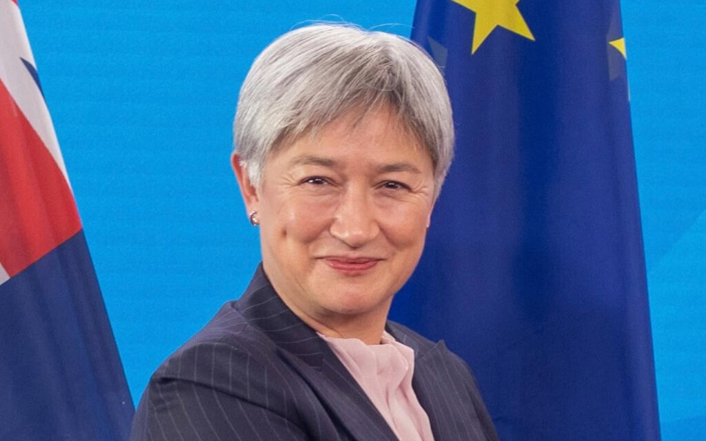 Smiling woman with short gray hair in a dark pinstripe suit and pink blouse, in front of a blue backdrop with the European flag partially visible.