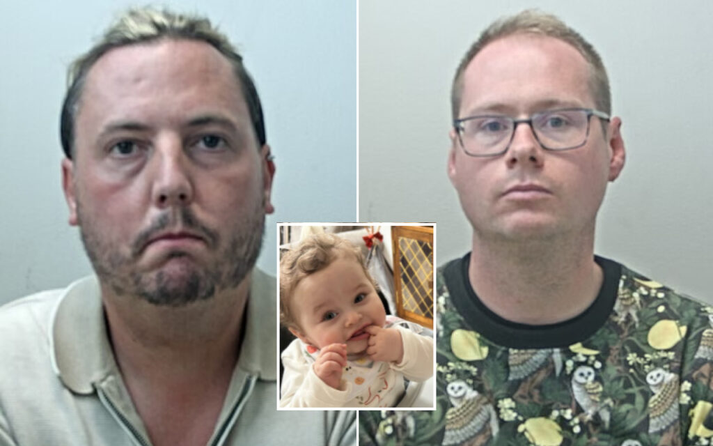 Collage of two mugshot-style headshots: left man with stubble and polo, right man wearing glasses and a patterned shirt; a small photo of a smiling baby is centered between them