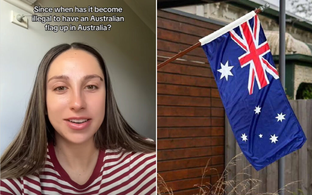 Split-screen meme: left panel shows a woman speaking with a caption asking about the legality of displaying an Australian flag; right panel shows an Australian flag hanging on a pole outside a wooden fence.
