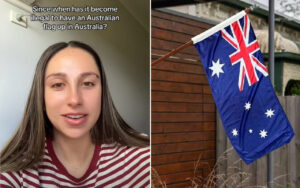Split-screen meme: left panel shows a woman speaking with a caption asking about the legality of displaying an Australian flag; right panel shows an Australian flag hanging on a pole outside a wooden fence.