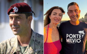 Left: military officer in camouflage uniform with a maroon beret; right: smiling couple posing outdoors at sunset by a river.