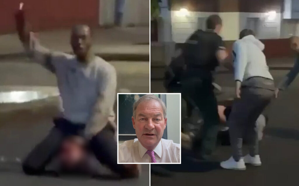 Collage of a street altercation: bystanders restraining a person on the ground; center inset shows a man in a white shirt and pink tie.