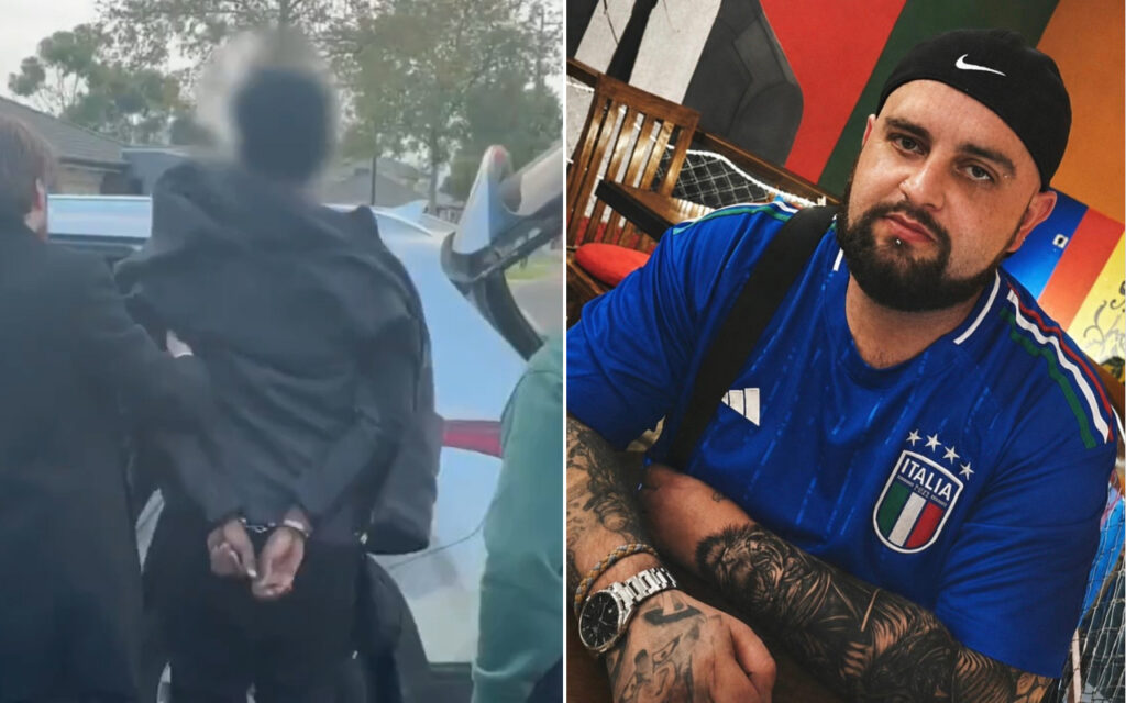 Collage: left shows a person in handcuffs being led beside a car; right shows a tattooed man in a blue Italy soccer jersey with arms crossed.