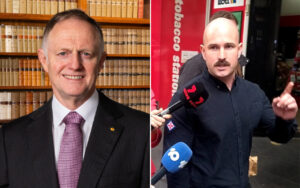 Split image: left shows a smiling older man in a dark suit and pink tie in front of a library, right shows a man with a mustache gesturing during a TV interview with microphones