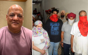 Side-by-side image: a smiling bald man in a pink shirt on the left, and a group of people in a hallway on the right, many with face coverings and red bandanas.
