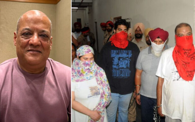 Side-by-side image: a smiling bald man in a pink shirt on the left, and a group of people in a hallway on the right, many with face coverings and red bandanas.