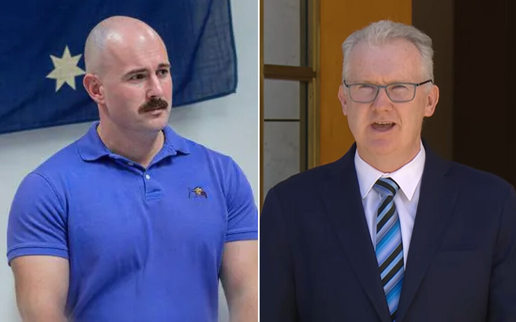 Split image of a muscular bald man in a blue polo on the left and a man in a dark suit with glasses speaking on the right,
