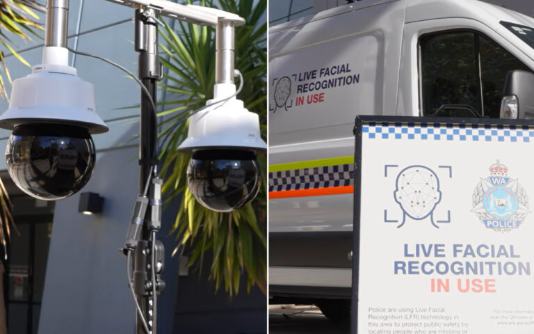 Duo of security cameras on a pole beside foliage, with a van and a sign reading 'LIVE FACIAL RECOGNITION IN USE' indicating surveillance tech in use nearby.