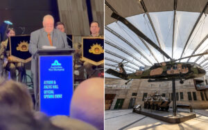 Two-panel image: left shows a man in a gray suit speaking at a podium during an Australian War Memorial opening ceremony; right shows a military helicopter suspended in a glass-domed atrium with an armored vehicle on display below.