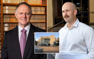 Two men in business attire, one in a suit in a library setting and the other in a white shirt, with a modern courthouse building inset between them.