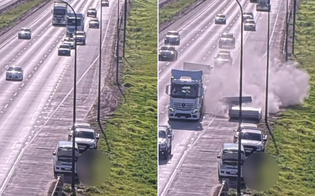 Two-panel view of a highway: left shows cars parked along the grassy shoulder; right shows a white semi-truck with a large dust plume near a barrier.