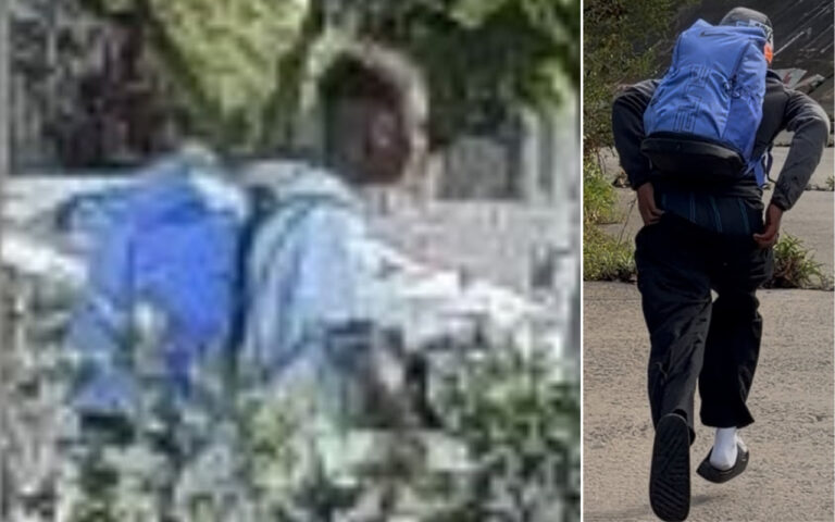 Person wearing a blue backpack outdoors, viewed from behind in a garden setting (left panel). Right panel shows a person walking away with a blue backpack.
