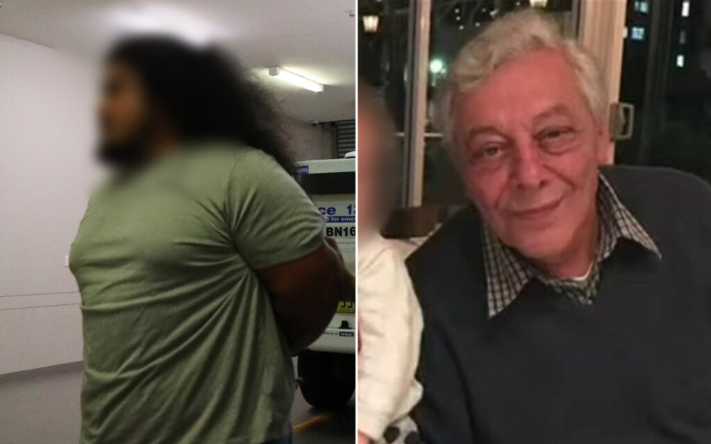 Two men pictured side by side: left, a blurred man in a green t‑shirt in a hallway; right, an older man with gray hair in a checkered shirt and dark sweater seated indoors, smiling.