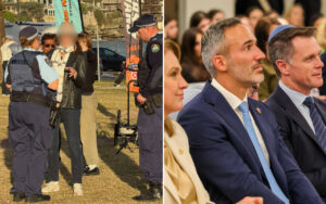 Left: police officers detain a woman outdoors near a waterfront while bystanders observe; right: formally dressed attendees seated at an indoor event.