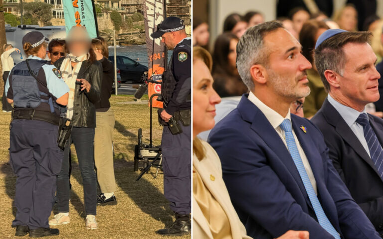 Left: police officers detain a woman outdoors near a waterfront while bystanders observe; right: formally dressed attendees seated at an indoor event.