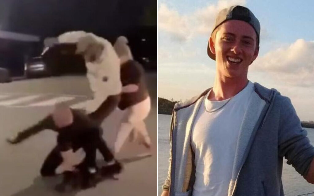 Side-by-side image: left shows a street fight at night with two people grappling; right shows a smiling man by a lake wearing a white shirt and backward cap.