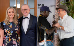 Left side shows a smiling couple in formal attire indoors; the woman wears a floral dress and the man a tuxedo with bow tie. Right side shows two men shaking hands and smiling at an event, one in a black polo with yellow piping and a blue cap, the other in a white shirt and brown hat, with a backdrop behind them.
