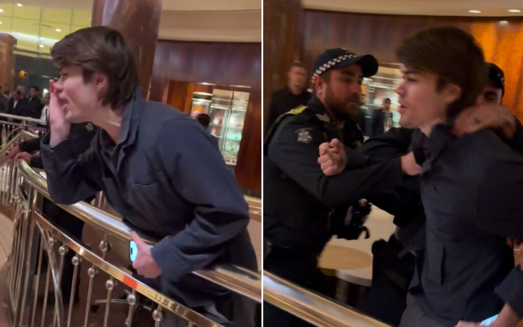 Two-panel scene: left shows a young man leaning on a railing and talking on a blue-lit phone; right shows a security officer restraining another man in a doorway.