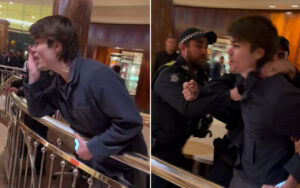 Two-panel scene: left shows a young man leaning on a railing and talking on a blue-lit phone; right shows a security officer restraining another man in a doorway.