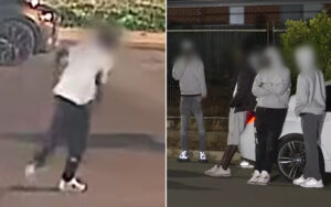 Two-panel image: left side shows a person in a white hoodie and dark shorts on a street, arm raised as if throwing or swinging; right side shows five people with blurred faces standing by a white car in a parking lot at night.