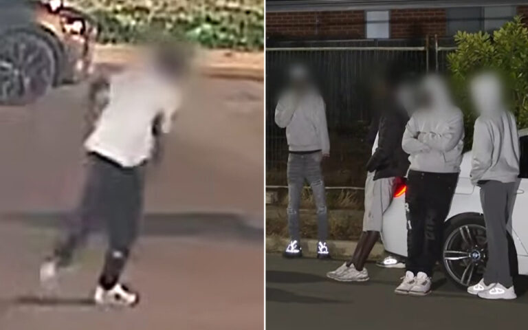 Two-panel image: left side shows a person in a white hoodie and dark shorts on a street, arm raised as if throwing or swinging; right side shows five people with blurred faces standing by a white car in a parking lot at night.