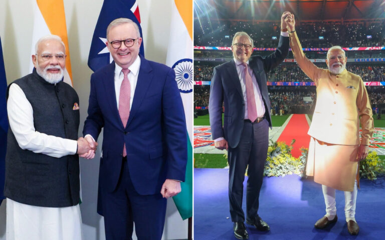 Left panel: Indian Prime Minister Narendra Modi in a white kurta and dark vest shakes hands with a suited man in front of flags. Right panel: Modi and a man in a suit raise their clasped hands in celebration on a stadium field.