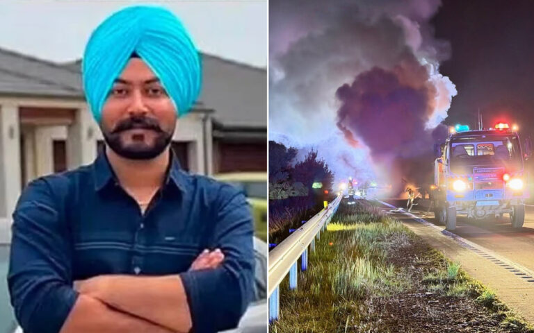 Two-panel image: man wearing a bright blue turban and dark shirt with arms crossed, standing outdoors on a residential street (left). On the right, a nighttime highway fire scene with a large smoke plume and a fire engine responding.