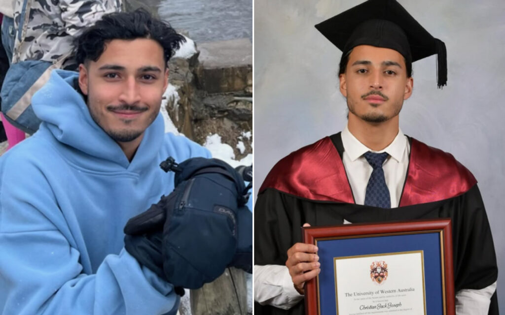 Left: a young man in a light blue hoodie outdoors in a snowy setting, smiling at the camera while resting his arms on a backpack and glove. Right: a graduate in a black cap and gown holding a framed diploma, posing against a neutral backdrop.
