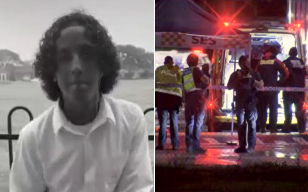 Left: man with curly hair in a light shirt outdoors; right: paramedics and police around a lit ambulance with red flashing lights.