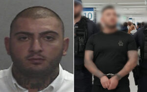 Left image: mugshot of a man with a shaved head and white collared shirt, neutral gray background.