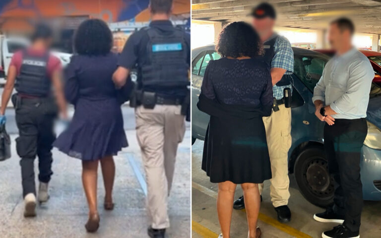 Two-panel image: left shows a woman in a navy dress escorted by police; right shows her in a black dress talking with two men beside a blue car in a parking garage.
