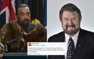 Left: Indigenous man with a fur cloak speaking at a podium with flags in the background; right: smiling man in a suit. A Twitter post overlay about Anzac Day is visible at the bottom.
