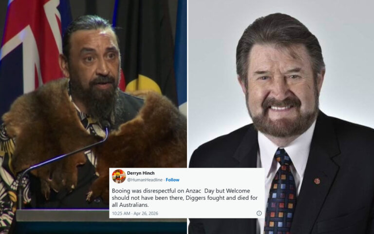 Left: Indigenous man with a fur cloak speaking at a podium with flags in the background; right: smiling man in a suit. A Twitter post overlay about Anzac Day is visible at the bottom.