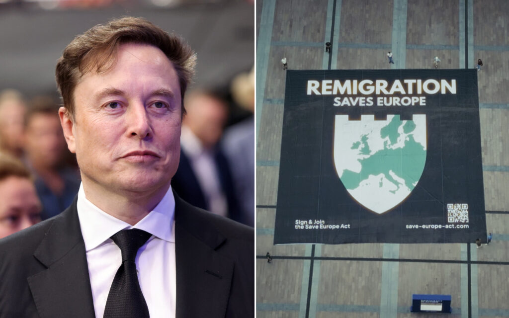 Portrait of Elon Musk in a suit and tie, with a blurred crowd in the background on the left side of a split image.