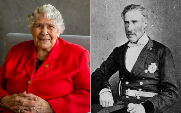 Collage of an elderly woman in a red blazer seated on a gray chair (left) and a black-and-white portrait of a distinguished man in a formal suit with medals (right).