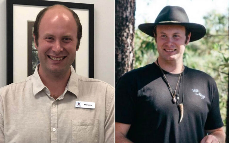 Two men posed side by side: on the left, a smiling man in a beige work shirt with a name tag reading 'Hamish'; on the right, a smiling man in a black T‑shirt and wide-brim hat outdoors under trees.