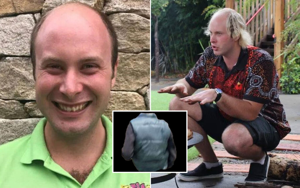 Two photos of a man: left is a close-up of a smiling man in a green polo shirt against a stone wall; right shows a blond man squatting outdoors in a patterned shirt, gesturing with hands; center inset shows the back of a person wearing a vest.