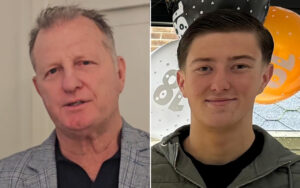 Split-screen image of an older man with gray hair in a gray blazer on the left speaking, and a younger man with short dark hair smiling on the right, with birthday balloons in the background.