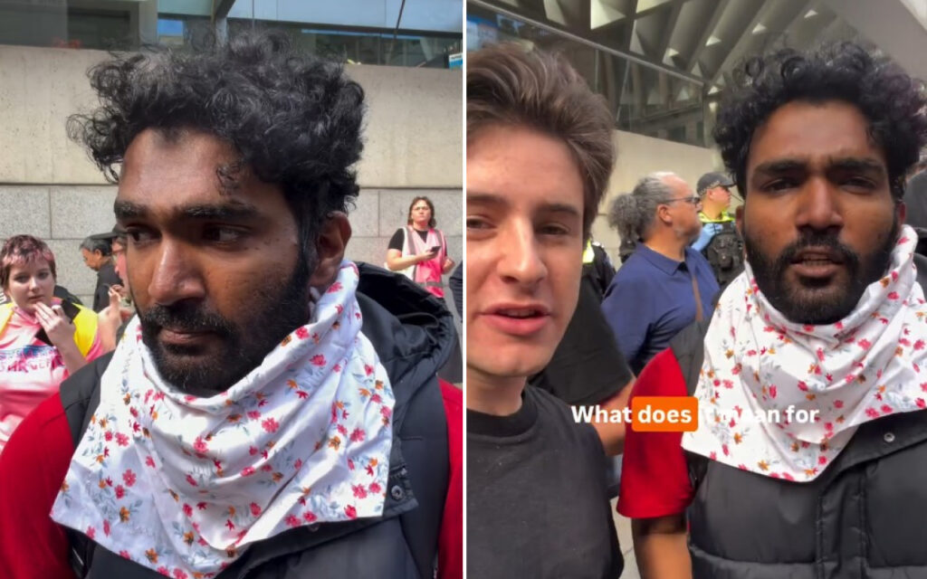 Two side-by-side photos of a bearded man wearing a white floral scarf over a red jacket in a crowd outside a modern building in daylight.